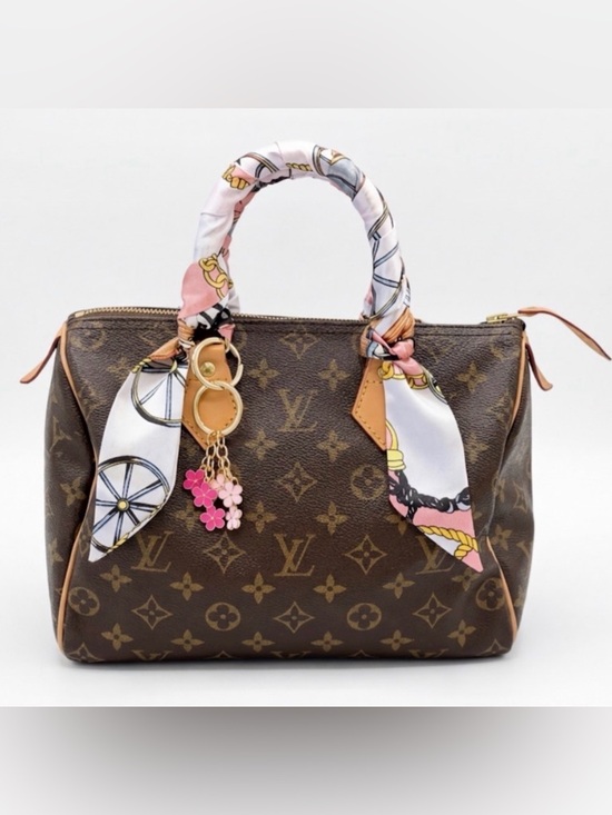 Louis Vuitton Handbags - Louis Vuitton Speedy 25 Brown Monogram Satchel with Pink Scarf and Charm